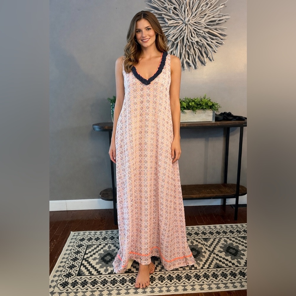 Roller Rabbit Lucia Paula Fringe Maxi Dress Featuring a Coral and‎ Navy Pattern